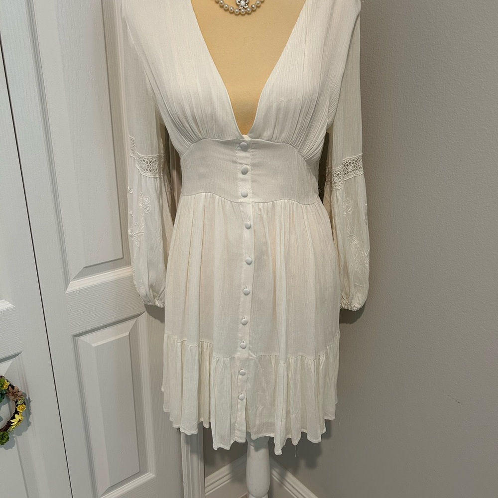 Blue Rain Long Sleeve White Dress